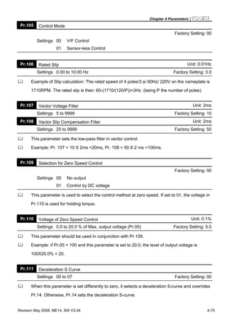 Chapter 4 Parameters|
Revision May 2008, ME14, SW V3.04 4-75
Pr.105 Control Mode
Factory Setting: 00
Settings 00 V/F Control
01 Sensor-less Control
Pr.106 Rated Slip Unit: 0.01Hz
Settings 0.00 to 10.00 Hz Factory Setting: 3.0
Example of Slip calculation: The rated speed of 4 poles/3 φ/ 60Hz/ 220V on the nameplate is
1710RPM. The rated slip is then: 60-(1710/(120/P))=3Hz. (being P the number of poles)
Pr.107 Vector Voltage Filter Unit: 2ms
Settings 5 to 9999 Factory Setting: 10
Pr.108 Vector Slip Compensation Filter Unit: 2ms
Settings 25 to 9999 Factory Setting: 50
This parameter sets the low-pass filter in vector control.
Example: Pr. 107 = 10 X 2ms =20ms, Pr. 108 = 50 X 2 ms =100ms.
Pr.109 Selection for Zero Speed Control
Factory Setting: 00
Settings 00 No output
01 Control by DC voltage
This parameter is used to select the control method at zero speed. If set to 01, the voltage in
Pr.110 is used for holding torque.
Pr.110 Voltage of Zero Speed Control Unit: 0.1%
Settings 0.0 to 20.0 % of Max. output voltage (Pr.05) Factory Setting: 5.0
This parameter should be used in conjunction with Pr.109.
Example: if Pr.05 = 100 and this parameter is set to 20.0, the level of output voltage is
100X20.0% = 20.
Pr.111 Deceleration S Curve
Settings 00 to 07 Factory Setting: 00
When this parameter is set differently to zero, it selects a deceleration S-curve and overrides
Pr.14. Otherwise, Pr.14 sets the deceleration S-curve.
 