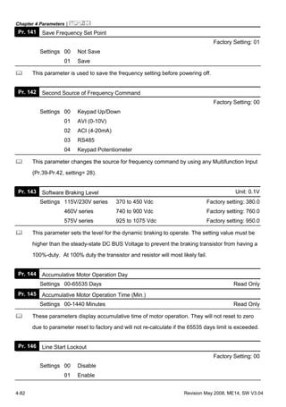 Chapter 4 Parameters|
4-82 Revision May 2008, ME14, SW V3.04
Pr. 141 Save Frequency Set Point
Factory Setting: 01
Settings 00 Not Save
01 Save
This parameter is used to save the frequency setting before powering off.
Pr. 142 Second Source of Frequency Command
Factory Setting: 00
Settings 00 Keypad Up/Down
01 AVI (0-10V)
02 ACI (4-20mA)
03 RS485
04 Keypad Potentiometer
This parameter changes the source for frequency command by using any Multifunction Input
(Pr.39-Pr.42, setting= 28).
Pr. 143 Software Braking Level Unit: 0.1V
Settings 115V/230V series 370 to 450 Vdc Factory setting: 380.0
460V series 740 to 900 Vdc Factory setting: 760.0
575V series 925 to 1075 Vdc Factory setting: 950.0
This parameter sets the level for the dynamic braking to operate. The setting value must be
higher than the steady-state DC BUS Voltage to prevent the braking transistor from having a
100%-duty. At 100% duty the transistor and resistor will most likely fail.
Pr. 144 Accumulative Motor Operation Day
Settings 00-65535 Days Read Only
Pr. 145 Accumulative Motor Operation Time (Min.)
Settings 00-1440 Minutes Read Only
These parameters display accumulative time of motor operation. They will not reset to zero
due to parameter reset to factory and will not re-calculate if the 65535 days limit is exceeded.
Pr. 146 Line Start Lockout
Factory Setting: 00
Settings 00 Disable
01 Enable
 