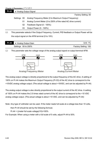Chapter 4 Parameters|
4-40 Revision May 2008, ME14, SW V3.04
Pr.43 Analog Output Signal
Factory Setting: 00
Settings 00 Analog Frequency Meter (0 to Maximum Output Frequency)
01 Analog Current Meter (0 to 250% of the rated AC drive current)
02 Feedback Signal (0 - 100%)
03 Output Power (0 - 100%)
This parameter selects if the Output Frequency, Current, PID feedback or Output Power will be
the output signal on the AFM terminal (0 to 10V).
Pr.44 Analog Output Gain Unit: 1%
Settings 00 to 200% Factory Setting: 100
This parameter sets the voltage range of the analog output signal on output terminal AFM.
+ -
AFM GND
Analog Frequency Meter
+ -
AFM GND
Analog Current Meter
The analog output voltage is directly proportional to the output frequency of the AC drive. A setting of
100% on Pr.44 makes the Maximum Output Frequency (Pr.03) of the AC drive to correspond to the
+10VDC analog voltage output. (The actual voltage is about +10VDC, and can be adjusted by Pr.44)
The analog output voltage is also directly proportional to the output current of the AC drive. A setting
of 100% on Pr.44 makes the 2.5 times rated current of the AC drive to correspond to the +10 VDC
analog voltage output. (The actual voltage is about +10 VDC, and can be adjusted by Pr.44)
Note: Any type of voltmeter can be used. If the meter reads full scale at a voltage less than 10 volts,
then Pr.44 should be set by the following formula:
Pr.44 = ((meter full scale voltage)/10)×100%
For Example: When using a meter with a full scale of 5 volts, adjust Pr.44 to 50%
 