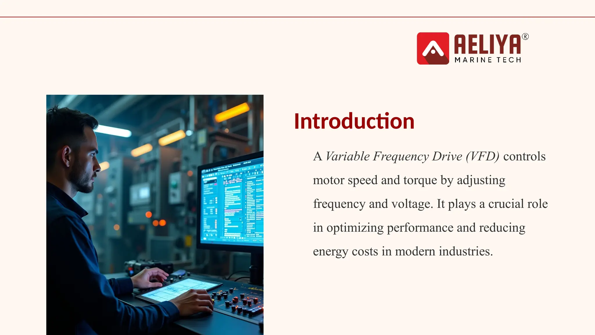 Introduction
A Variable Frequency Drive (VFD) controls
motor speed and torque by adjusting
frequency and voltage. It plays a crucial role
in optimizing performance and reducing
energy costs in modern industries.
 