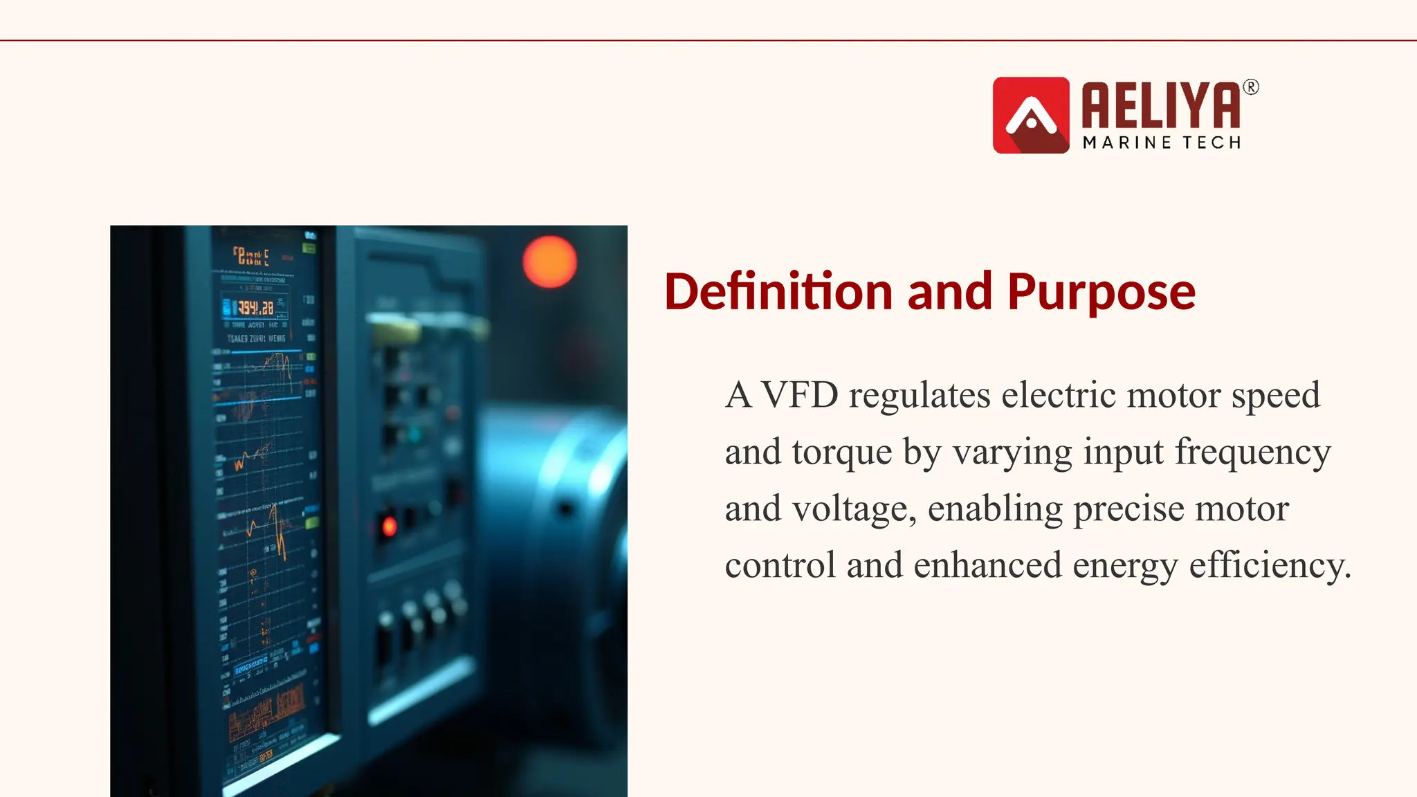 Definition and Purpose
A VFD regulates electric motor speed
and torque by varying input frequency
and voltage, enabling precise motor
control and enhanced energy efficiency.
 