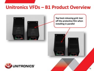 16
Top heat-releasing grid: tear
off the protective film when
installing in parallel
Unitronics VFDs – B1 Product Overview
 