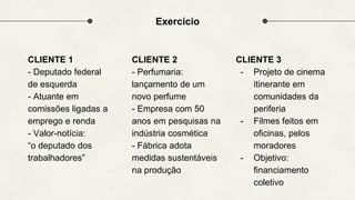 CLIENTE 1
- Deputado federal
de esquerda
- Atuante em
comissões ligadas a
emprego e renda
- Valor-notícia:
“o deputado dos
trabalhadores”
CLIENTE 2
- Perfumaria:
lançamento de um
novo perfume
- Empresa com 50
anos em pesquisas na
indústria cosmética
- Fábrica adota
medidas sustentáveis
na produção
Exercício
CLIENTE 3
- Projeto de cinema
itinerante em
comunidades da
periferia
- Filmes feitos em
oficinas, pelos
moradores
- Objetivo:
financiamento
coletivo
 