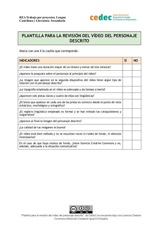 REA Trabajo por proyectos. Lengua
Castellana y Literatura. Secundaria
PLANTILLA PARA LA REVISIÓN DEL VÍDEO DEL PERSONAJE
D...