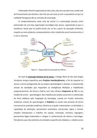 18
A Educação infantil é organizada em dois ciclos, dos zero aos dois anos, sendo este
de financiamento das famílias e dos três aos seis anos já com o equivalente ao que na
realidade Portuguesa são os contratos de associação.
O comprometimento neste ciclo de ensino é a estimulação precoce como
potenciador de uma boa organização neurológica dos alunos, capacitando-os para a
excelência. Sendo que no jardim-escola isto se faz a partir da educação ambiental,
respeito ao meio ambiente, compreendendo a inter-relação dos seres humanos entre si
e com a natureza.
Figura 1 – Organização da educação de infância
Ao nível da Instrução Primária (6-12 anos), o Colégio Mare de Déu dels Angels
introduziu tempos específicos para Projetos interdisciplinares, a fim de capacitar os
alunos a serem protagonistas de sua própria aprendizagem e alcançar a compreensão
através de atividades que respondam às Inteligências Múltiplas e trabalhando
cooperativamente. De forma a fazê-lo com mais eficácia integraram as TIC no seu
modelo de ensino - aprendizagem. Nos trabalhos por projeto assumiram a substituição
de livros didáticos pela integração da tecnologia, usando em muitos momentos
ambientes virtuais de aprendizagem. A Robótica na escola está presente de forma
transversal ao conteúdo académico. Destina-se a ajudar a desenvolver a criatividade, a
capacidade de abstração, pensamento sistemático, estruturado, lógico e formal,
relações interpessoais e trabalho em equipa, motivação, memória, linguagem,
pensamento lógico-matemático e integrar o conhecimento de ciência e tecnologia.
Percebemos que não existindo uma disciplina específica de cidadania, a robótica serve
 