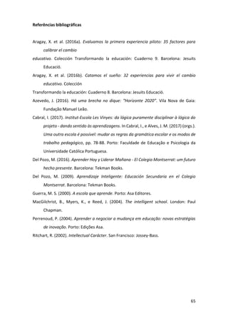 65
Referências bibliográficas
Aragay, X. et al. (2016a). Evaluamos la primera experiencia piloto: 35 factores para
calibrar el cambio
educativo. Colección Transformando la educación: Cuaderno 9. Barcelona: Jesuits
Educació.
Aragay, X. et al. (2016b). Catamos el sueño: 32 experiencias para vivir el cambio
educativo. Colección
Transformando la educación: Cuaderno 8. Barcelona: Jesuits Educació.
Azevedo, J. (2016). Há uma brecha no dique: “Horizonte 2020”. Vila Nova de Gaia:
Fundação Manuel Leão.
Cabral, I. (2017). Institut-Escola Les Vinyes: da lógica puramente disciplinar à lógica do
projeto - dando sentido às aprendizagens. In Cabral, I., e Alves, J. M. (2017) (orgs.).
Uma outra escola é possível: mudar as regras da gramática escolar e os modos de
trabalho pedagógico, pp. 78-88. Porto: Faculdade de Educação e Psicologia da
Universidade Católica Portuguesa.
Del Pozo, M. (2016). Aprender Hoy y Liderar Mañana - El Colegio Montserrat: um futuro
hecho presente. Barcelona: Tekman Books.
Del Pozo, M. (2009). Aprendizaje Inteligente: Educación Secundaria en el Colegio
Montserrat. Barcelona: Tekman Books.
Guerra, M. S. (2000). A escola que aprende. Porto: Asa Editores.
MacGilchrist, B., Myers, K., e Reed, J. (2004). The intelligent school. London: Paul
Chapman.
Perrenoud, P. (2004). Aprender a negociar a mudança em educação: novas estratégias
de inovação. Porto: Edições Asa.
Ritchart, R. (2002). Intellectual Carácter. San Francisco: Jossey-Bass.
 