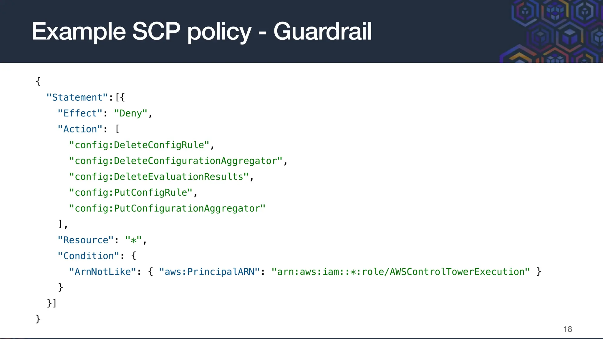 Example SCP policy - Guardrail
18
{
"Statement":[{
"Effect": "Deny",
"Action": [
"config:DeleteConfigRule",
"config:DeleteConfigurationAggregator",
"config:DeleteEvaluationResults",
"config:PutConfigRule",
"config:PutConfigurationAggregator"
],
"Resource": "*",
"Condition": {
"ArnNotLike": { "aws:PrincipalARN": "arn:aws:iam::*:role/AWSControlTowerExecution" }
}
}]
}
 