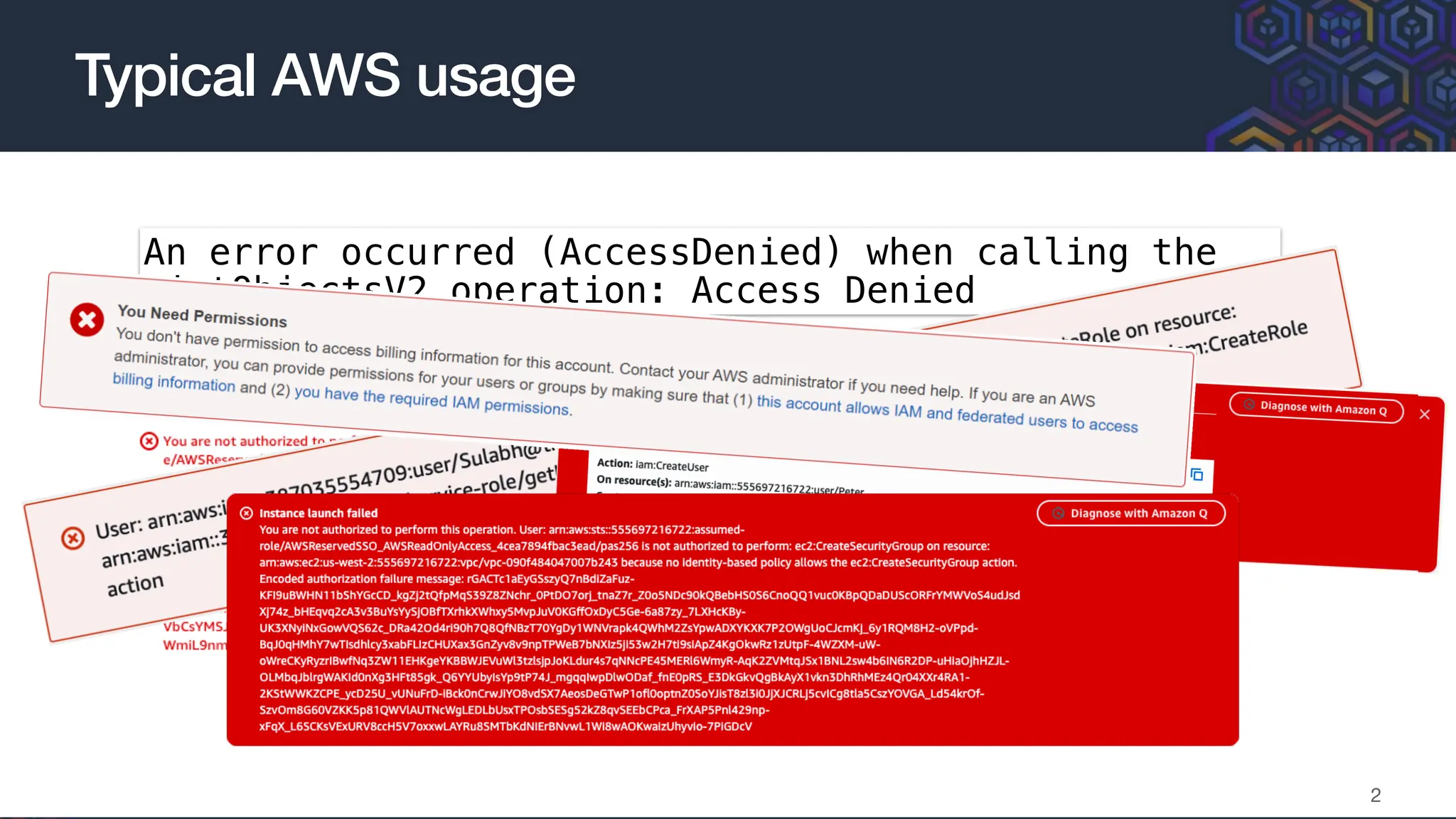 Typical AWS usage
2
An error occurred (AccessDenied) when calling the
ListObjectsV2 operation: Access Denied
 