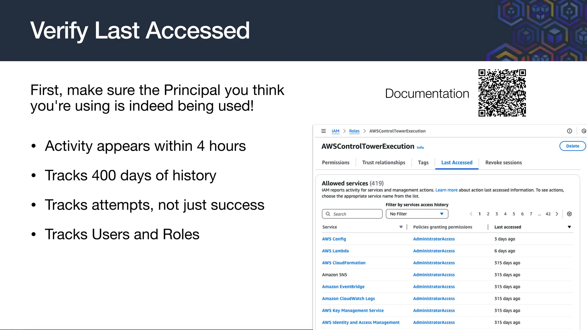 First, make sure the Principal you think
you're using is indeed being used!
• Activity appears within 4 hours
• Tracks 400 days of history
• Tracks attempts, not just success
• Tracks Users and Roles
Verify Last Accessed
33
Documentation
 