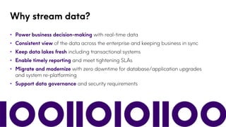 Why stream data?
• Power business decision-making with real-time data
• Consistent view of the data across the enterprise ...