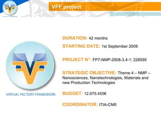 VFF project DURATION:   42 months STARTING DATE:   1st September 2009 PROJECT N°:   FP7-NMP-2008-3.4-1; 228595 STRATEGIC OBJECTIVE:   Theme 4 – NMP – Nanosciences, Nanotechnologies, Materials and new Production Technologies BUDGET:   12.075.455€   COORDINATOR:   ITIA-CNR 