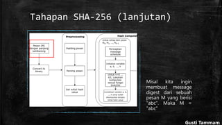 Tahapan SHA-256 (lanjutan)
Misal kita ingin
membuat message
digest dari sebuah
pesan M yang berisi
"abc". Maka M =
"abc"
Gusti Tammam
 