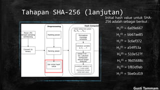 Tahapan SHA-256 (lanjutan)
Initial hash value untuk SHA-
256 adalah sebagai berikut :
H0
(0) = 6a09e667
H1
(0) = bb67ae85
H2
(0) = 3c6ef372
H3
(0) = a54ff53a
H4
(0) = 510e527f
H5
(0) = 9b05688c
H6
(0) = 1f83d9ab
H7
(0) = 5be0cd19
Gusti Tammam
 