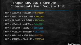 Tahapan SHA-256 : Compute
Intermediate Hash Value + Init
▪ H0
(0) = 506e3058 + 6a09e667 = ba7816bf
▪ H1
(0) = d39a2165 + bb67ae85 = 8f01cfea
▪ H2
(0) = 04d24d6c + 3c6ef372 = 414140de
▪ H3
(0) = b85e2ce9 + a54ff53a = 5dae2223
▪ H4
(0) = 5ef50f24 + 510e527f = b00361a3
▪ H5
(0) = fb121210 + 9b05688c = 96177a9c
▪ H6
(0) = 948d25b6 + 1f83d9ab = b410ff61
▪ H7
(0) = 961f4894 + 5be0cd19 = f20015ad
Gusti Tammam
 