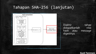Tahapan SHA-256 (lanjutan)
Diakhir tahap
didapatkanlah nilai
hash atau message
digestnya.
Gusti Tammam
 