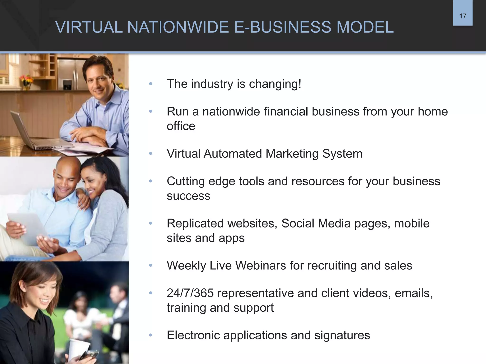 17

VIRTUAL NATIONWIDE E-BUSINESS MODEL

•

The industry is changing!

•

Run a nationwide financial business from your home
office

•

Virtual Automated Marketing System

•

Cutting edge tools and resources for your business
success

•

Replicated websites, Social Media pages, mobile
sites and apps

•

Weekly Live Webinars for recruiting and sales

•

24/7/365 representative and client videos, emails,
training and support

•

Electronic applications and signatures

 