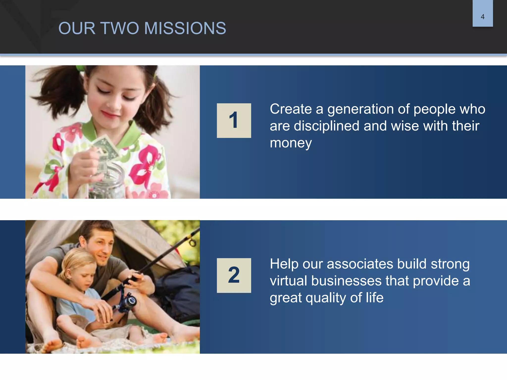 4

OUR TWO MISSIONS

1

Create a generation of people who
are disciplined and wise with their
money

2

Help our associates build strong
virtual businesses that provide a
great quality of life

 