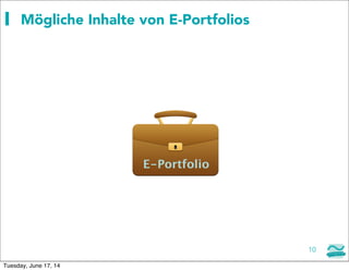 E-Portfolio
Mögliche Inhalte von E-Portfolios
10
Tuesday, June 17, 14
 