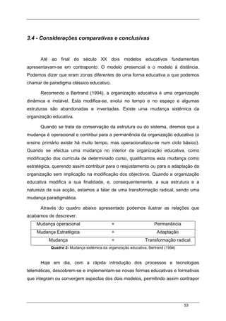 53
3.4 - Considerações comparativas e conclusivas
Até ao final do século XX dois modelos educativos fundamentais
apresentavam-se em contraponto: O modelo presencial e o modelo à distância.
Podemos dizer que eram zonas diferentes de uma forma educativa a que podemos
chamar de paradigma clássico educativo.
Recorrendo a Bertrand (1994), a organização educativa é uma organização
dinâmica e instável. Esta modifica-se, evolui no tempo e no espaço e algumas
estruturas são abandonadas e inventadas. Existe uma mudança sistémica da
organização educativa.
Quando se trata da conservação da estrutura ou do sistema, diremos que a
mudança é operacional e contribui para a permanência da organização educativa (o
ensino primário existe há muito tempo, mas operacionalizou-se num ciclo básico).
Quando se efectua uma mudança no interior da organização educativa, como
modificação dos curricula de determinado curso, qualificamos esta mudança como
estratégica, querendo assim contribuir para o reajustamento ou para a adaptação da
organização sem implicação na modificação dos objectivos. Quando a organização
educativa modifica a sua finalidade, e, consequentemente, a sua estrutura e a
natureza da sua acção, estamos a falar de uma transformação radical, sendo uma
mudança paradigmática.
Através do quadro abaixo apresentado podemos ilustrar as relações que
acabamos de descrever.
Mudança operacional = Permanência
Mudança Estratégica = Adaptação
Mudança = Transformação radical
Quadro 2- Mudança sistémica da organização educativa, Bertrand (1994)
Hoje em dia, com a rápida introdução dos processos e tecnologias
telemáticas, descobrem-se e implementam-se novas formas educativas e formativas
que integram ou convergem aspectos dos dois modelos, permitindo assim contrapor
 