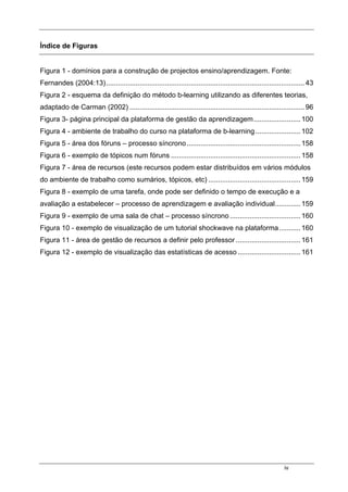 iv
Índice de Figuras
Figura 1 - domínios para a construção de projectos ensino/aprendizagem. Fonte:
Fernandes (2004:13).....................................................................................................43
Figura 2 - esquema da definição do método b-learning utilizando as diferentes teorias,
adaptado de Carman (2002) .........................................................................................96
Figura 3- página principal da plataforma de gestão da aprendizagem........................100
Figura 4 - ambiente de trabalho do curso na plataforma de b-learning.......................102
Figura 5 - área dos fóruns – processo síncrono..........................................................158
Figura 6 - exemplo de tópicos num fóruns ..................................................................158
Figura 7 - área de recursos (este recursos podem estar distribuídos em vários módulos
do ambiente de trabalho como sumários, tópicos, etc) ...............................................159
Figura 8 - exemplo de uma tarefa, onde pode ser definido o tempo de execução e a
avaliação a estabelecer – processo de aprendizagem e avaliação individual.............159
Figura 9 - exemplo de uma sala de chat – processo síncrono ....................................160
Figura 10 - exemplo de visualização de um tutorial shockwave na plataforma...........160
Figura 11 - área de gestão de recursos a definir pelo professor .................................161
Figura 12 - exemplo de visualização das estatísticas de acesso ................................161
 