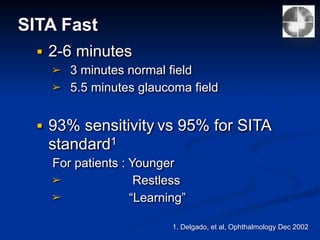 ■ 2-6 minutes
➢ 3 minutes normal field
➢ 5.5 minutes glaucoma field
■ 93% sensitivity vs 95% for SITA
standard1
For patients : Younger
➢ Restless
➢ “Learning”
1. Delgado, et al, Ophthalmology Dec 2002
SITA Fast
 