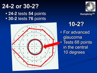 • 24-2 tests 54 points
• 30-2 tests 76 points
24-2 or 30-2?
HumphreyTM
10-2?
• For advanced
glaucoma
• Tests 68 points
in the central
10 degrees
 