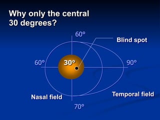 Temporal fieldNasal field
60°
90°
70°
60° 30°
Blind spot
Why only the central  
30 degrees?
 
