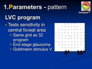 ▪ Tests sensitivity in
central foveal area
➢ Same grid as 32
program
➢ End stage glaucoma
➢ Goldmann stimulus V
LVC program
00 300
1.Parameters - pattern
OctopusTM
 