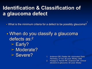 1. Anderson DR, Patella VM. Automated Static
Perimetry. 2nd Ed. St Louis: Mosby 1999
2. Hodapp E, Parrish RK, Anderson DR. Clinical
decisions in glaucoma. St Louis: Mosby
▪ What is the minimum criteria for a defect to be possibly glaucoma?
1 
 
▪ When do you classify a glaucoma
defects as:2
➢ Early?
➢ Moderate?
➢ Severe?
Identification & Classification of
a glaucoma defect
 