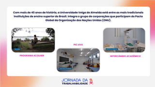 Com mais de 45 anos de história, a Universidade Veiga de Almeida está entre as mais tradicionais
instituições de ensino superior do Brasil. Integra o grupo de corporações que participam do Pacto
Global da Organização das Nações Unidas (ONU).
PROGRAMA ACOLHER
PIC UVA
INTERCÂMBIO ACADÊMICO
 