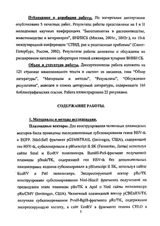 Публикации и апробация работы. По материалам диссертации
опубликовано 5 печатных работ. Результаты работы представлены на I и II
молодежных научных конференциях "Биотехнология в растениеводстве,
животноводстве и ветеринарии", ВНИИСБ (Москва, 2001 г., 2002г.), на 10-й
международной конференции "СПИД, рак и родственные проблемы" (Санкт-
Петербург, Россия, 2002), Результаты работы доложены и обсуждены на
расширенном заседании лаборатории генной инженерии эукариот ВНИИ СБ.
Объем и структура работы. Диссертационная работа изложена на
121 странице машинописного текста и состоит из введения, глав "Обзор
литературы", "Материалы и методы", "Результаты", "Обсуждение
результатов", выводов и списка цитируемой литературы, содержащего 165
библиографических ссылок. Работа иллюстрирована 22 рисунками.
СОДЕРЖАНИЕ РАБОТЫ.
I. Материалы и методы исследования.
Плазмидные векторы. Для конструирования челночных плазмидных
векторов были проведены последовательные субклонирования генов HSV-tk
и EGFP. Ndel-Sall фрагмент pGT60hTRAIL (Invivogen, США), содержащий
ген HSV-tk, субклонировали в pBluescript II SK (Fermentas, Литва) используя
сайты Smal и EcoRV полилинкера. BamHI-PstI-фрагмент полученной
плазмиды pBssk/TK, содержащий ген HSV-tk без дополнительных
инициаторных кодонов субклонировали в pBluescript II SK, используя сайты
' EcoRV и PstI полилинкера. Экспрессирующий вектор pRc/TK
конструировали субклонированием Notl-HincII фрагмента полученной на
предыдущем этапе плазмиды pBs/TK в Apal и NotI сайты полилинкера
pRc/CMV (Invitrogen, США). Челночный плазимдный вектор pCBEARV/TK
получили субклонированием PvuII-BglII-фрагмента pRc/TK, содержащим
экспрессирующую кассету, в сайт EcoRV в фрагменте генома CELO в
5
Copyright ОАО «ЦКБ «БИБКОМ» & ООО «Aгентство Kнига-Cервис»
 