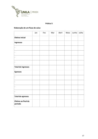 17
Prática 5
Elaboração de um fluxo de caixa
Jan Fev Mar Abril Maio Junho Julho
Efetivo inicial
Ingressos
-
-
-
-
Total de ingressos
Egressos
-
-
-
-
Total de egressos
Efetivo ao final do
período
 