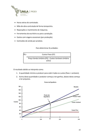 22
 Horas extras do contratado.
 Mão-de-obra contratada de forma temporária.
 Reparações e mantimento de máquinas.
 Ferramentas do escritório ou para a produção.
 Gastos com viagens ocasionais (por produção).
 Comissões de venda por produto.
Para determinar Q unidades:
O resultado obtido se interpreta como:
1. A quantidade mínima a produzir para cobrir todos os custos (fixos + variáveis).
2. Acima desta quantidade o produtor começa a ter ganhos, abaixo desta começa
a ter prejuízos.
PE= Custos Fixos (CF)
Preço Venda Unitário (PV) - Custos Variáveis Unitário
(CVU)
 
