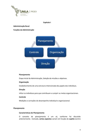 4
Capitulo I
Administração Rural
Funções da Administração
Planejamento
Etapa inicial da Administração, Seleção de missões e objetivos.
Organização
Estabelecimento de uma estrutura intencionada dos papéis dos indivíduos.
Direção
Influir os indivíduos para que contribuam a cumprir as metas organizacionais.
Controle
Medições e correções do desempenho individual e organizacional.
Planejamento
Características do Planejamento
O conceito de planejamento é um só, conforme foi discutido
anteriormente. Contudo, certos aspectos variam em função do sujeito (centro
 