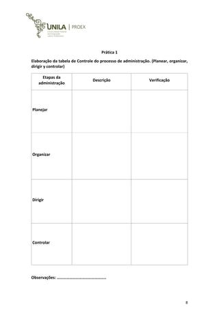 8
Prática 1
Elaboração da tabela de Controle do processo de administração. (Planear, organizar,
dirigir y controlar)
Etapas da
administração
Descrição Verificação
Planejar
Organizar
Dirigir
Controlar
Observações: ………………………………………..
 