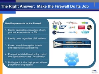 The Right Answer: Make the Firewall Do Its Job



  New Requirements for the Firewall


  1. Identify applications regardless of port,
     protocol, evasive tactic or SSL

  2. Identify users regardless of IP address


  3. Protect in real-time against threats
     embedded across applications

  4. Fine-grained visibility and policy control
     over application access / functionality

  5. Multi-gigabit, in-line deployment with no
     performance degradation
 
