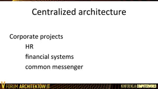 Centralized	
  architecture	
  
	
  
Corporate	
  projects	
  
	
  HR	
  
	
  ﬁnancial	
  systems	
  
	
  common	
  messenger	
  
 