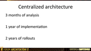 Centralized	
  architecture	
  
3	
  months	
  of	
  analysis	
  
	
  
1	
  year	
  of	
  implementaLon	
  
	
  
2	
  years	
  of	
  rollouts	
  
 