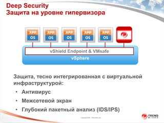 Deep Security
Защита на уровне гипервизора




              vShield Endpoint & VMsafe
                       vSphere



  Защита, тесно интегрированная с виртуальной
  инфраструктурой:
  • Антивирус
  • Межсетевой экран
  • Глубокий пакетный анализ (IDS/IPS)
                           Copyright 2009 Trend Micro Inc.
 
