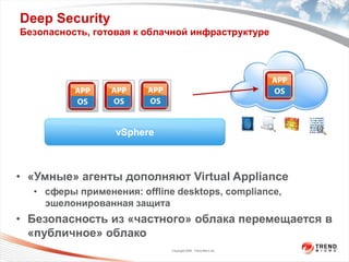 Deep Security
Безопасность, готовая к облачной инфраструктуре




                  vSphere



• «Умные» агенты дополняют Virtual Appliance
  • сферы применения: offline desktops, compliance,
    эшелонированная защита
• Безопасность из «частного» облака перемещается в
  «публичное» облако
                             Copyright 2009 Trend Micro Inc.
 