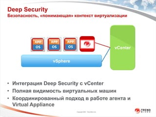 Deep Security
Безопасность, «понимающая» контекст виртуализации




                                                              vCenter


                  vSphere




• Интеграция Deep Security с vCenter
• Полная видимость виртуальных машин
• Координированный подход в работе агента и
  Virtual Appliance
                            Copyright 2009 Trend Micro Inc.
 