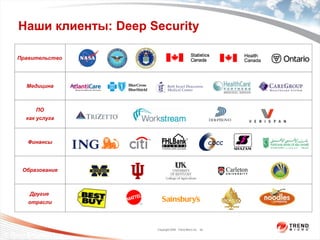 Наши клиенты: Deep Security

    Правительство




        Медицина



           ПО
       как услуга



        Финансы




      Образование



         Другие
        отрасли



                         Copyright 2009 Trend Micro Inc. 25

© Third Brigade, Inc.
 