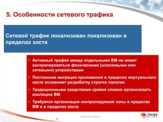 5. Особенности сетевого трафика


Сетевой трафик локализован локализован в



                  пользователя
пределах хоста

                    На уровне

       • Активный трафик между отдельными ВМ не может
         контролироваться физическими (шлюзовыми или
         сетевыми) устройствами
       • Постоянная миграция приложений в пределах виртуального
                   На уровне ядра




         хоста осложняет разработку строгих политик
       • Традиционными средствами крайне сложно организовать
         изоляцию ВМ
       • Требуется организация контролируемой зоны в пределах
         ВМ и в пределах хоста

                                    Copyright 2009 Trend Micro Inc.
                          8
 