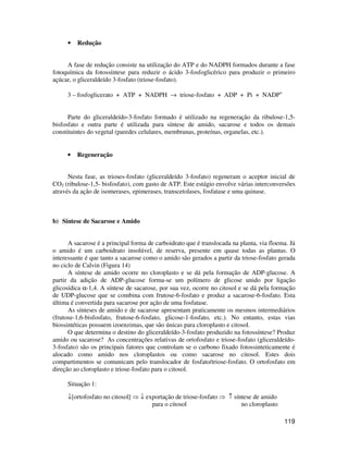 119 
• Redução 
A fase de redução consiste na utilização do ATP e do NADPH formados durante a fase 
fotoquímica da fotossíntese para reduzir o ácido 3-fosfoglicérico para produzir o primeiro 
açúcar, o gliceraldeído 3-fosfato (triose-fosfato). 
3 – fosfoglicerato + ATP + NADPH ® triose-fosfato + ADP + Pi + NADP+ 
Parte do gliceraldeído-3-fosfato formado é utilizado na regeneração da ribulose-1,5- 
bisfosfato e outra parte é utilizada para síntese de amido, sacarose e todos os demais 
constituintes do vegetal (paredes celulares, membranas, proteínas, organelas, etc.). 
• Regeneração 
Nesta fase, as trioses-fosfato (gliceraldeído 3-fosfato) regeneram o aceptor inicial de 
CO2 (ribulose-1,5- bisfosfato), com gasto de ATP. Este estágio envolve várias interconversões 
através da ação de isomerases, epimerases, transcetolases, fosfatase e uma quinase. 
b) Síntese de Sacarose e Amido 
A sacarose é a principal forma de carboidrato que é translocada na planta, via floema. Já 
o amido é um carboidrato insolúvel, de reserva, presente em quase todas as plantas. O 
interessante é que tanto a sacarose como o amido são gerados a partir da triose-fosfato gerada 
no ciclo de Calvin (Figura 14) 
A síntese de amido ocorre no cloroplasto e se dá pela formação de ADP-glucose. A 
partir da adição de ADP-glucose forma-se um polímero de glicose unido por ligação 
glicosídica a-1,4. A síntese de sacarose, por sua vez, ocorre no citosol e se dá pela formação 
de UDP-glucose que se combina com frutose-6-fosfato e produz a sacarose-6-fosfato. Esta 
última é convertida para sacarose por ação de uma fosfatase. 
As sínteses de amido e de sacarose apresentam praticamente os mesmos intermediários 
(frutose-1,6-bisfosfato, frutose-6-fosfato, glicose-1-fosfato, etc.). No entanto, estas vias 
biossintéticas possuem izoenzimas, que são únicas para cloroplasto e citosol. 
O que determina o destino do gliceraldeído-3-fosfato produzido na fotossíntese? Produz 
amido ou sacarose? As concentrações relativas de ortofosfato e triose-fosfato (gliceraldeído- 
3-fosfato) são os principais fatores que controlam se o carbono fixado fotossinteticamente é 
alocado como amido nos cloroplastos ou como sacarose no citosol. Estes dois 
compartimentos se comunicam pelo translocador de fosfato/triose-fosfato. O ortofosfato em 
direção ao cloroplasto e triose-fosfato para o citosol. 
Situação 1: 
¯[ortofosfato no citosol]  ¯ exportação de triose-fosfato  ­ síntese de amido 
para o citosol no cloroplasto 
 