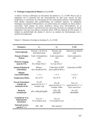f) Fisiologia Comparada de Plantas C3, C4 e CAM 
A tabela 2 mostra as diferenças na fotossíntese das plantas C3, C4 e CAM. Nota-se que as 
adaptações nas C4 permitem que elas fotossintetizem em altas taxas, mesmo em altas 
temperaturas (o mecanismo de concentração de CO2 praticamente elimina a fotorrespiração). 
Estas plantas conseguem altas produtividades nas condições tropicais. As adaptações 
fisiológicas das plantas CAM permitem a sua sobrevivência em condições de climas áridos e 
semi-áridos. Estas plantas são pouco produtivas (baixas taxas fotossintéticas). Já as 
características das plantas C3 permitem que elas sejam mais eficientes em condições de climas 
temperados (note que estas plantas consomem menos ATP por molécula de CO2 fixado). A 
redução na produtividade das plantas C3 deve-se ao aumento da fotorrespiração com o 
aumento da temperatura. 
127 
Tabela 2 – Parâmetros fisiológicos de plantas C3, C4 e CAM 
Parâmetro C3 C4 CAM 
Fotorrespiração 
Presente,  de 25% da 
fotossíntese bruta 
Presente, não 
detectável 
Detectável no final da 
tarde 
Primeiro Produto 
Estável 
Ácido 3-fosfoglicérico 
(3C) 
Ácido oxaloacético 
(4C) 
Ácido oxaloacético 
(4C) 
Ponto de Compen-sação 
de CO2 
Alto, 
20 a 100 μL CO2 L-1 
Baixo, 
0 a 5 μL CO2 L-1 
_ 
Enzima Primária de 
carboxilação 
Rubisco 
(km =20 μM de CO2) 
Carboxilase do PEP 
(km=5 μM de HCO3 
-) 
Carboxilase do PEP 
Relação 
CO2/ATP/NADPH 
1: 3: 2 
1: 5: 2 
1: 6,5: 2 
Temperatura Ótima 20 a 25 oC 30 a 45 oC 35 oC 
Taxa de Fotossíntese 
Líquida sob 
Saturação de luz 
10 a 20 
(μmol de CO2 m-2 s-1) 
exemplo: soja 
20 a 40 
(μmol de CO2 m-2 s-1) 
exemplo: milho 
0,6 a 2,4 
(μmol de CO2 m-2 s-1) 
Agave americana 
Razão de 
transpiração 
450 a 1000 gH2O/gMS 
250 a 350 
gH2O/gMS 
18 a 125 
gH2O/gMS 
Conteúdo de N na 
folha/máxima 
fotossíntese 
6,5 a 7,5 
(% na matéria seca) 
3,0 a 4,5 
(% na matéria seca) 
_ 
Saturação na Luz 
(μmol m-2 s-1) 
400 – 500 Não saturável _ 
 