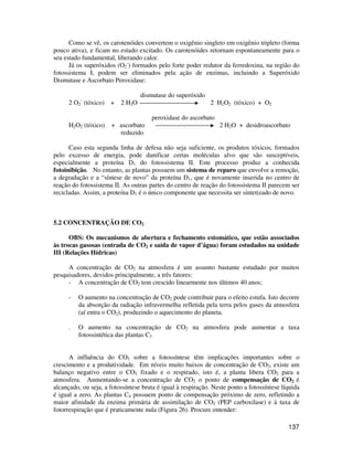 Como se vê, os carotenóides convertem o oxigênio singleto em oxigênio tripleto (forma 
pouco ativa), e ficam no estado excitado. Os carotenóides retornam espontaneamente para o 
seu estado fundamental, liberando calor. 
137 
Já os superóxidos (O2 
-) formados pelo forte poder redutor da ferredoxina, na região do 
fotossistema I, podem ser eliminados pela ação de enzimas, incluindo a Superóxido 
Dismutase e Ascorbato Peroxidase: 
dismutase do superóxido 
- (tóxico) + 2 H2O 2 H2O2 (tóxico) + O2 
2 O2 
peroxidase do ascorbato 
H2O2 (tóxico) + ascorbato 2 H2O + desidroascorbato 
reduzido 
Caso esta segunda linha de defesa não seja suficiente, os produtos tóxicos, formados 
pelo excesso de energia, pode danificar certas moléculas alvo que são susceptíveis, 
especialmente a proteína D1 do fotossistema II. Este processo produz a conhecida 
fotoinibição. No entanto, as plantas possuem um sistema de reparo que envolve a remoção, 
a degradação e a “síntese de novo” da proteína D1, que é novamente inserida no centro de 
reação do fotossistema II. As outras partes do centro de reação do fotossistema II parecem ser 
recicladas. Assim, a proteína D1 é o único componente que necessita ser sintetizado de novo. 
5.2 CONCENTRAÇÃO DE CO2 
OBS: Os mecanismos de abertura e fechamento estomático, que estão associados 
às trocas gasosas (entrada de CO2 e saída de vapor d’água) foram estudados na unidade 
III (Relações Hídricas) 
A concentração de CO2 na atmosfera é um assunto bastante estudado por muitos 
pesquisadores, devidos principalmente, a três fatores: 
- A concentração de CO2 tem crescido linearmente nos últimos 40 anos; 
- O aumento na concentração de CO2 pode contribuir para o efeito estufa. Isto decorre 
da absorção da radiação infravermelha refletida pela terra pelos gases da atmosfera 
(aí entra o CO2), produzindo o aquecimento do planeta. 
- O aumento na concentração de CO2 na atmosfera pode aumentar a taxa 
fotossintética das plantas C3 
A influência do CO2 sobre a fotossíntese têm implicações importantes sobre o 
crescimento e a produtividade. Em níveis muito baixos de concentração de CO2, existe um 
balanço negativo entre o CO2 fixado e o respirado, isto é, a planta libera CO2 para a 
atmosfera. Aumentando-se a concentração de CO2 o ponto de compensação de CO2 é 
alcançado, ou seja, a fotossíntese bruta é igual à respiração. Neste ponto a fotossíntese líquida 
é igual a zero. As plantas C4 possuem ponto de compensação próximo de zero, refletindo a 
maior afinidade da enzima primária de assimilação de CO2 (PEP carboxilase) e à taxa de 
fotorrespiração que é praticamente nula (Figura 26). Procure entender: 
 