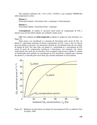 Sob condições ambientes (O2 = 21% e CO2 = 0,036%), e nas condições TROPICAIS 
138 
(altas temperaturas), temos: 
Plantas C3 
Fotossíntese líquida = fotossíntese total – (respiração + fotorrespiração) 
Plantas C4 
Fotossíntese líquida = fotossíntese bruta – respiração 
Conseqüências: As plantas C4 possuem menor ponto de compensação de CO2 e 
maiores taxas de fotossíntese líquida, nas condições citadas acima. 
OBS: Em condições de clima temperado as plantas C3 podem ser mais eficientes (ver 
figura 27). 
Outro ponto a ser considerado é a saturação da fotossíntese pelos níveis de CO2. As 
plantas C4, apresentam saturação em baixas concentrações de CO2, o que se deve ao fato de 
que estas plantas já possuem um mecanismo eficiente de concentração deste gás nas células 
da bainha do feixe. Por outro lado, em plantas C3, aumentando-se a concentração de CO2 
acima do ponto de compensação estimula-se a fotossíntese, sem saturação, até valores 
relativamente altos deste gás na atmosfera. Estes resultados indicam que as plantas C3 podem 
ser beneficiadas pelo aumento na concentração de CO2 atmosférico, enquanto que a maioria 
das plantas C4 é saturada pelos níveis deste gás existente atualmente no nosso planeta. 
Figura 26 - Mudanças na fotossíntese em função da concentração de CO2 no ambiente (Taiz 
 Zeiger, 1998) 
 