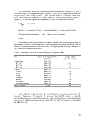 A luz proveniente do sol tem características tanto de onda como de partícula. A onda é 
caracterizada pelo seu comprimento e pela freqüência, sendo que o comprimento de onda tem 
relação inversa com a energia (Tabela 1). Já a luz como partícula é conhecida como fóton. 
Cada fóton contém um montante de energia conhecido como quantum (plural quanta). A 
energia (E) de um fóton depende do comprimento de onda de acordo a Lei de Plank; 
108 
E = h . c ou E = hn 
l 
Em que: h = constante de Plank; c = velocidade da luz; l = comprimento de onda. 
Como a freqüência é dada por: n = c/l , Pode-se escrever também: 
E = hn 
É importante destacar que um fóton não pode ser subdividido nem um elétron pode ser 
parcialmente excitado. Em outras palavras, “um fóton pode excitar apenas um elétron” (Lei de 
Einstein- Stark). O nível que o elétron no estado vai atingir depende da energia do fóton, ou 
seja, depende do comprimento de onda. 
Tabela 1 – Principais radiações de interesse biológico (Hopkins, 2000) 
Cor Faixa de Comprimento de 
Onda (nm) 
Energia Média 
(kJ mol-1 fótons) 
Ultravioleta 100 – 400 
UV – C 100 – 280 471 
UV – B 280 – 320 399 
UV – A 320 – 400 332 
Visível 400 – 740 
Violeta 400 – 425 290 
Azul 425 – 490 274 
Verde 490 – 550 230 
Amarelo 550 – 585 212 
Laranja 585 – 640 196 
Vermelho 640 – 700 181 
Vermelho distante 700 – 740 166 
Infra-Vermelho > 740 85 
Assim, a luz do sol é um espectro de raios de diferentes comprimentos de onda ou de 
diferentes freqüências. O espectro de absorção da clorofila indica e coincide 
aproximadamente com a região do espectro que é efetiva na fotossíntese. A efetividade de um 
processo com relação ao comprimento de onda produz um gráfico conhecido como espectro 
de ação (Figura 4). 
 