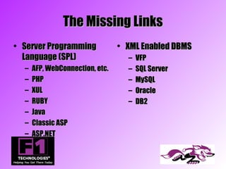 The Missing Links
• Server Programming             • XML Enabled DBMS
  Language (SPL)                   –   VFP
  –   AFP, WebConnection, etc.     –   SQL Server
  –   PHP                          –   MySQL
  –   XUL                          –   Oracle
  –   RUBY                         –   DB2
  –   Java
  –   Classic ASP
  –   ASP.NET
 