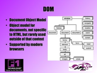 DOM
• Document Object Model
• Object model for
  documents, not specific
  to HTML, but rarely used
  outside of that context
• Supported by modern
  browsers
 